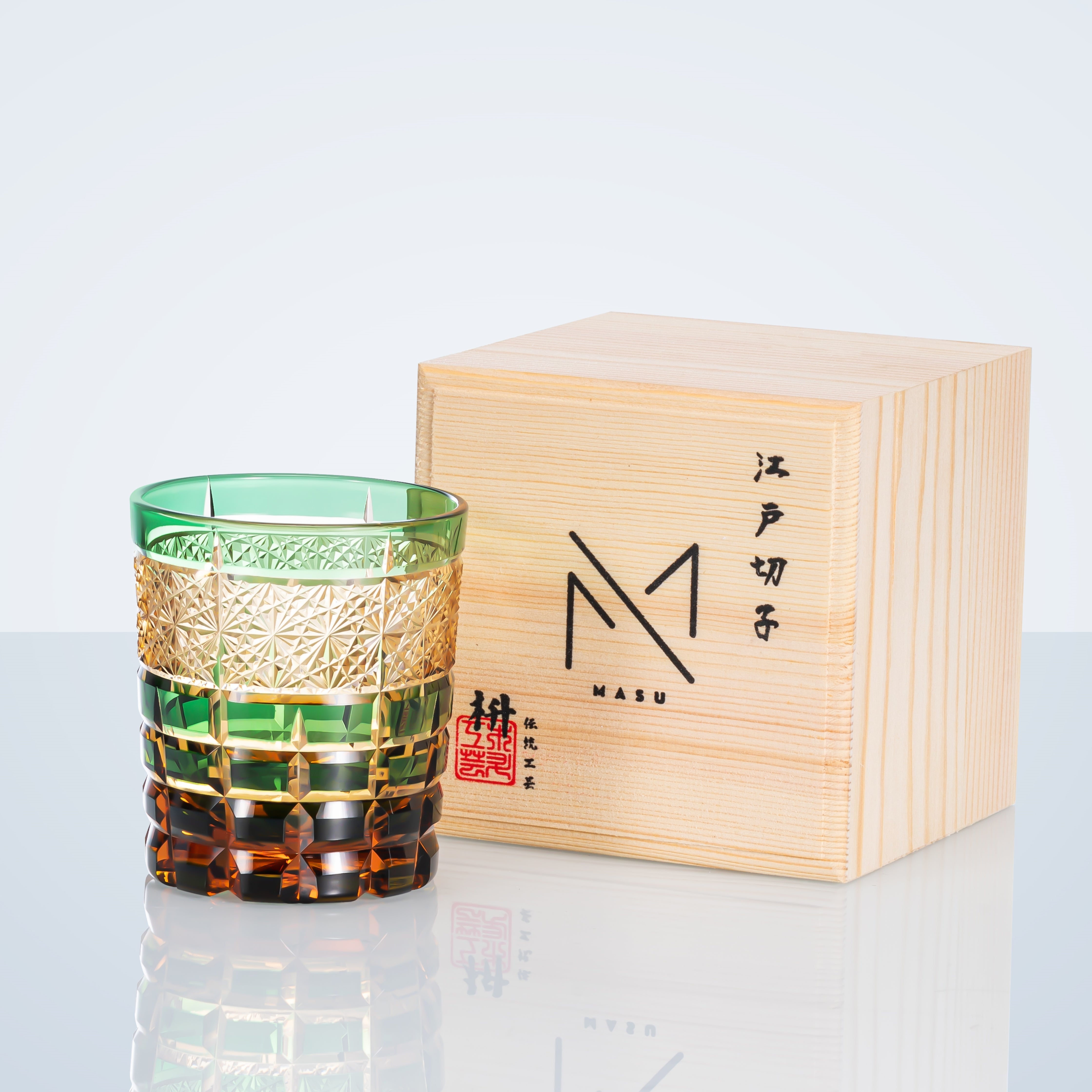 Verre à whisky ambré diamant fabriqué à la main Edo Kiriko avec boîte en bois