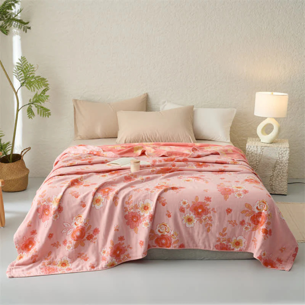 Blush Cotton Gauze Floral Blanket