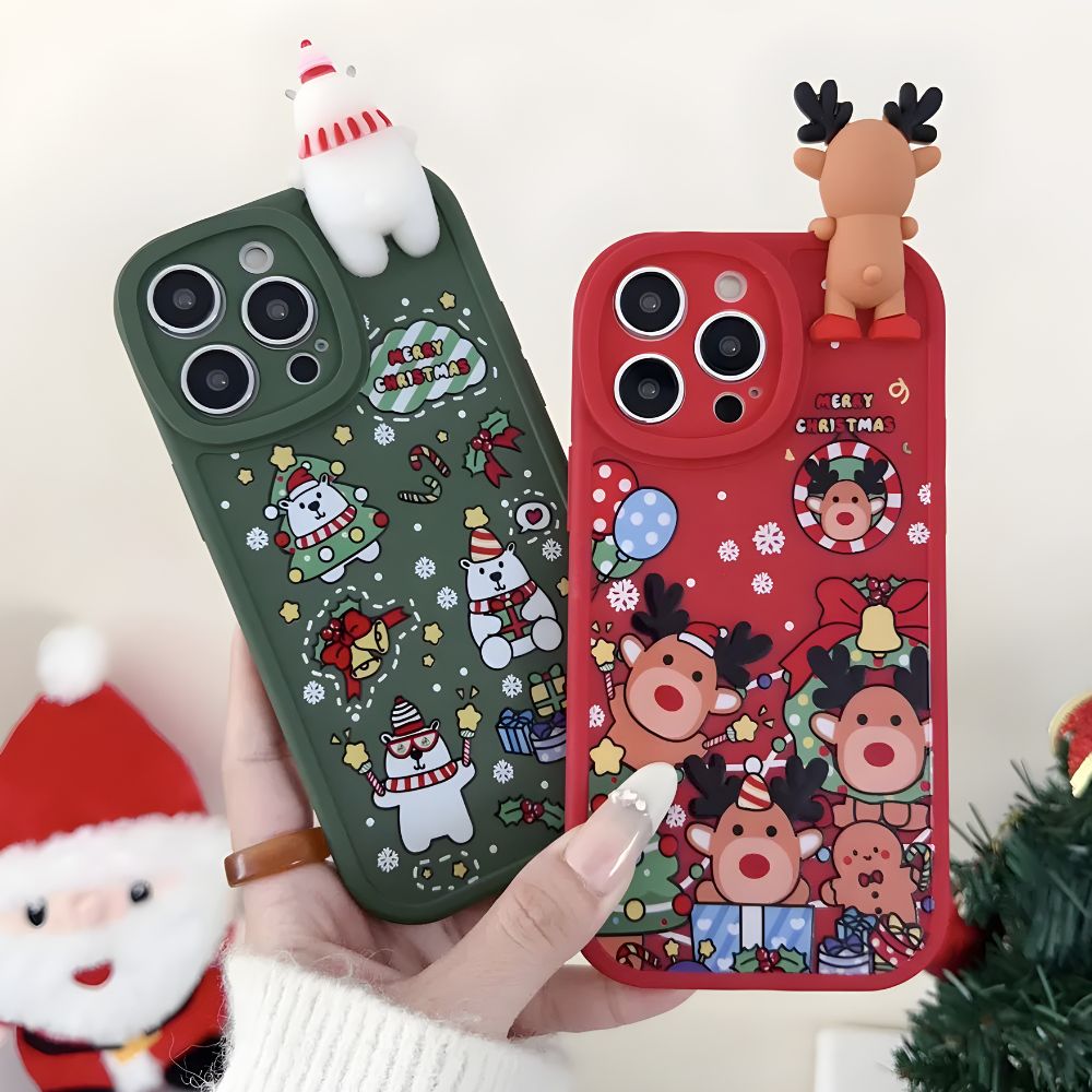 Festlig 3D Bear & Reindeer Juletui til iPhone – Mykt silikondeksel