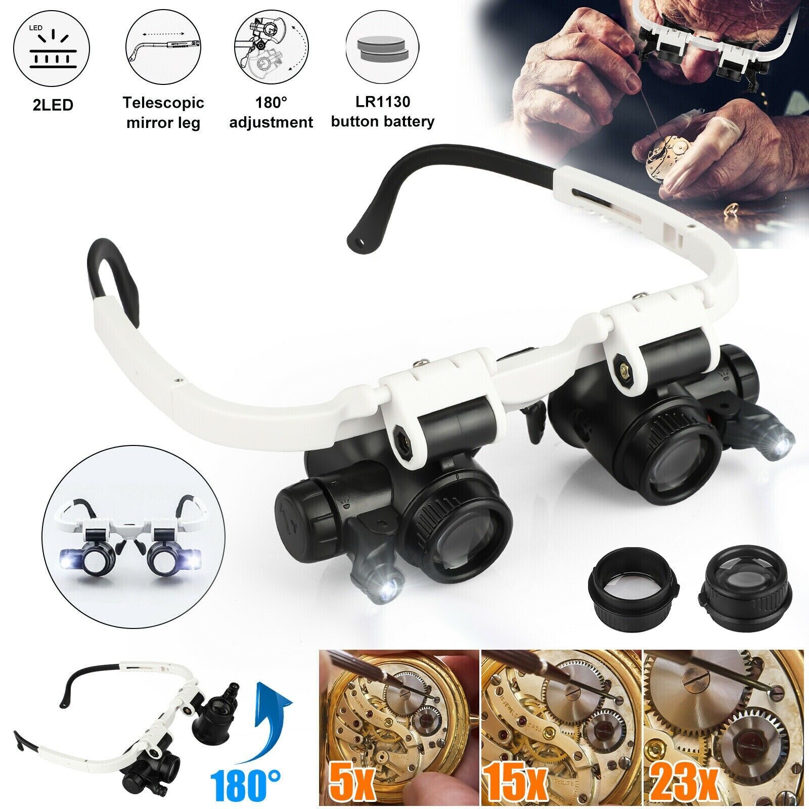 Adjustable Headband Magnifier with LED Light & 8 Lenses – Perfect for Jewelry, Watch Repair & Engraving