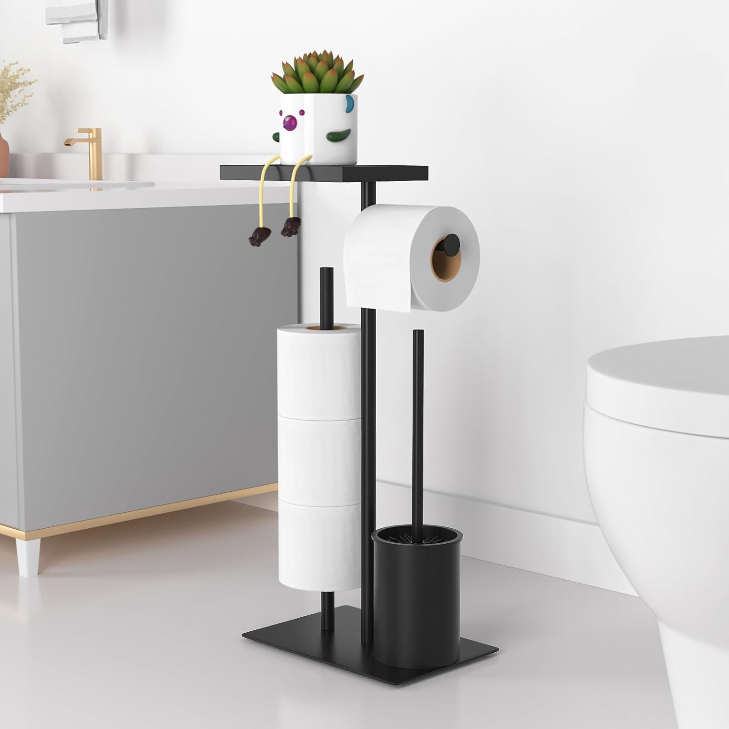 Skyla Portarrollos de papel higiénico con escobilla: organizador de baño que ahorra espacio, diseño elegante, fácil montaje en pared