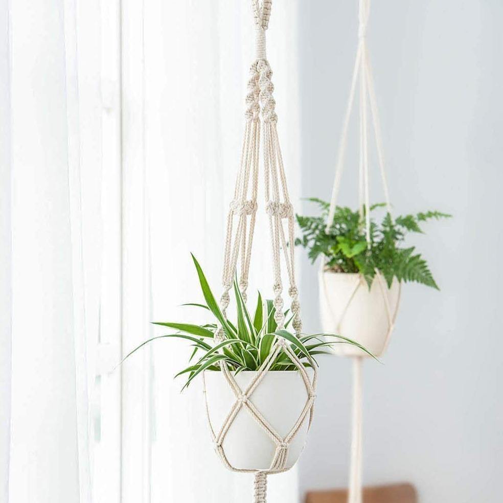 Set de 4 suporturi pentru plante din macrame handmade în stil boho