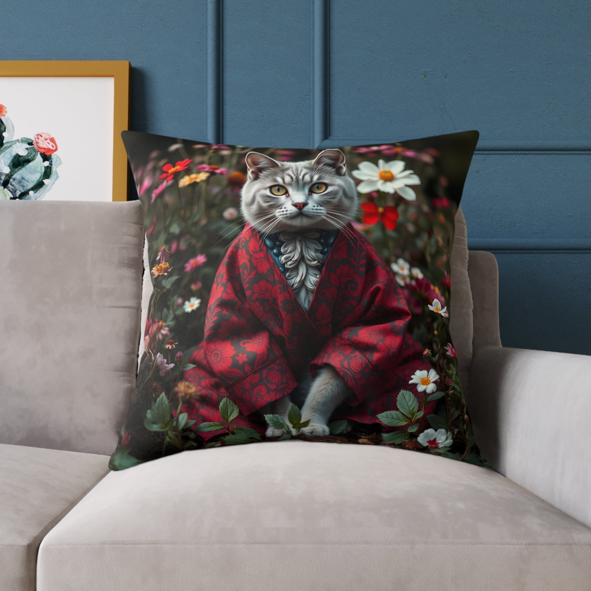 William Morris Style Cat in Kimono and Flowers Square Pillow, Botanicals and Flowers, insert inclus