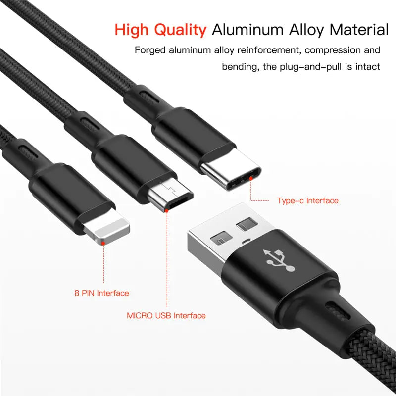 3-in-1 USB Cable for iPhone and Android