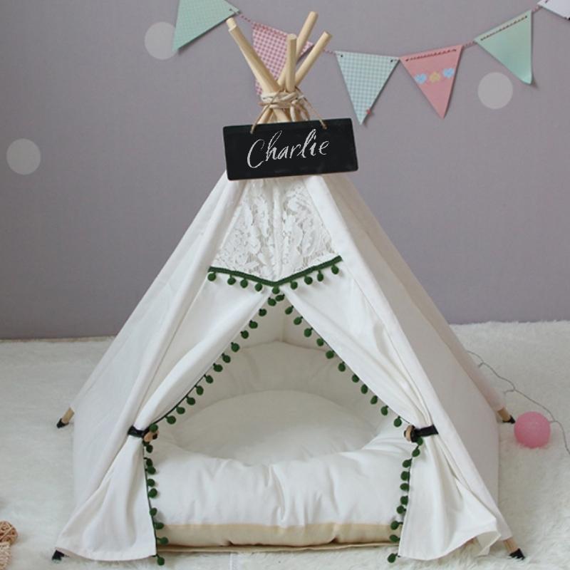 Vintage Green and Ivory Lace Pom Pom Dog Teepee with Dog Cushion