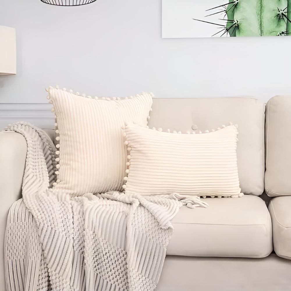 Plush Ribbed Pom-Pom Cushion Cover