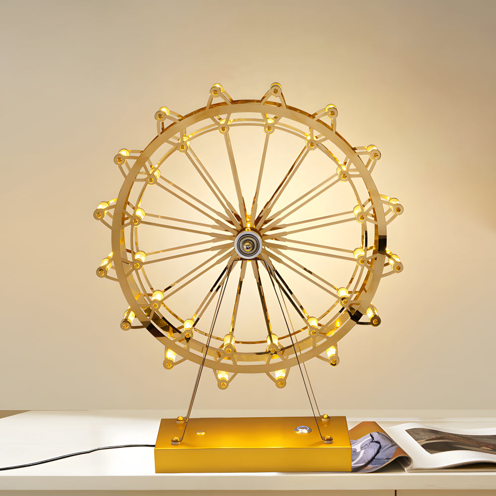 LumiFerris - Gold Iron Table Lamp with Ferris Wheel, Integrated LED and Touch Switch