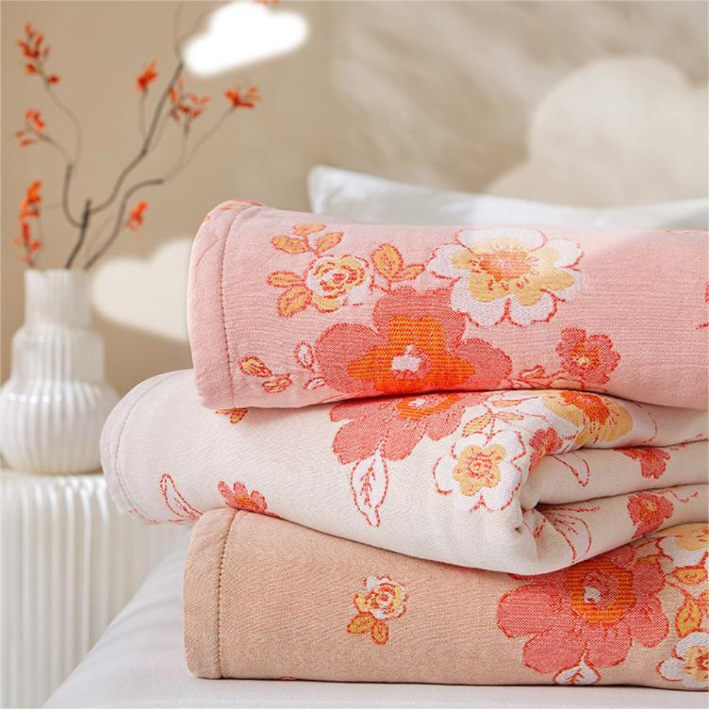 Blush Cotton Gauze Floral Blanket