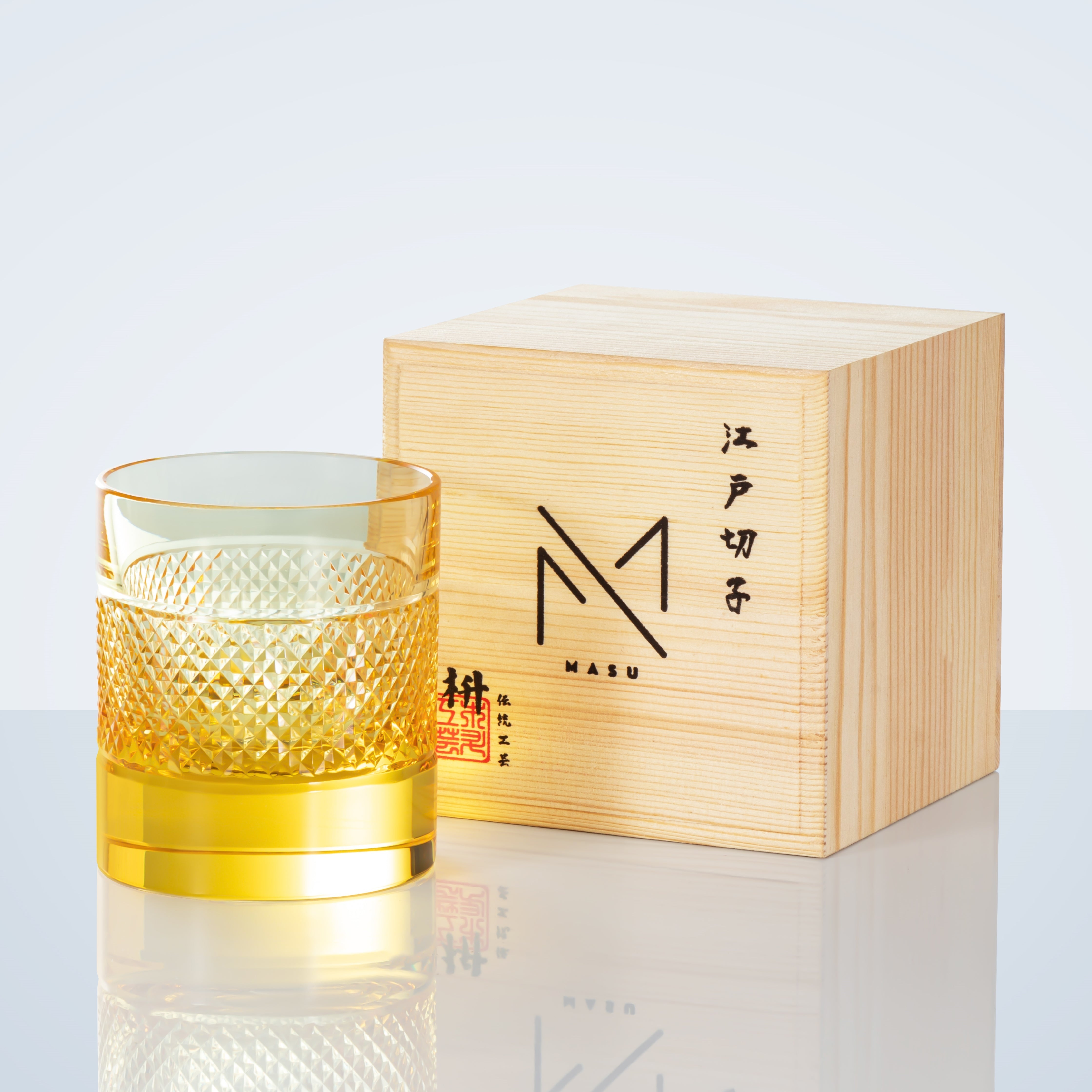 Edo Kiriko Diamond Multi-Color Whisky Glasses With Wooden Box