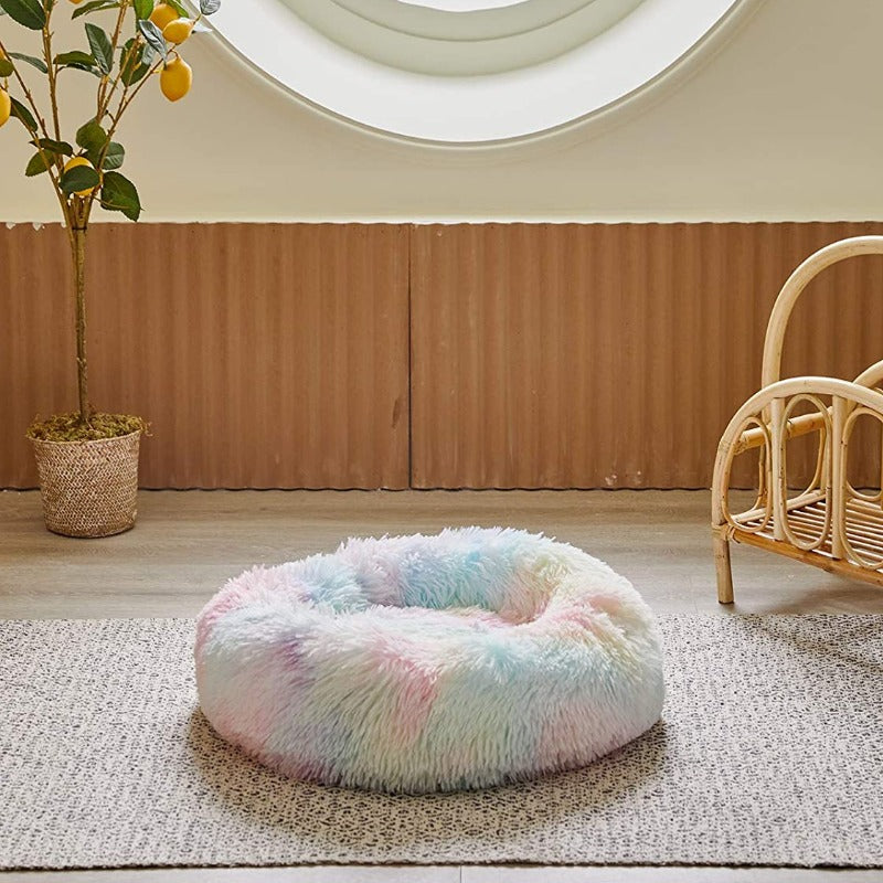 Round Rainbow Extra Plush Calming Donut Dog Beds