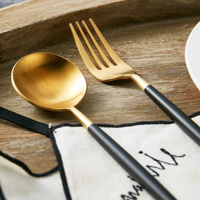 Matte Gold and Black 24-Piece Flatware Cutlery Set