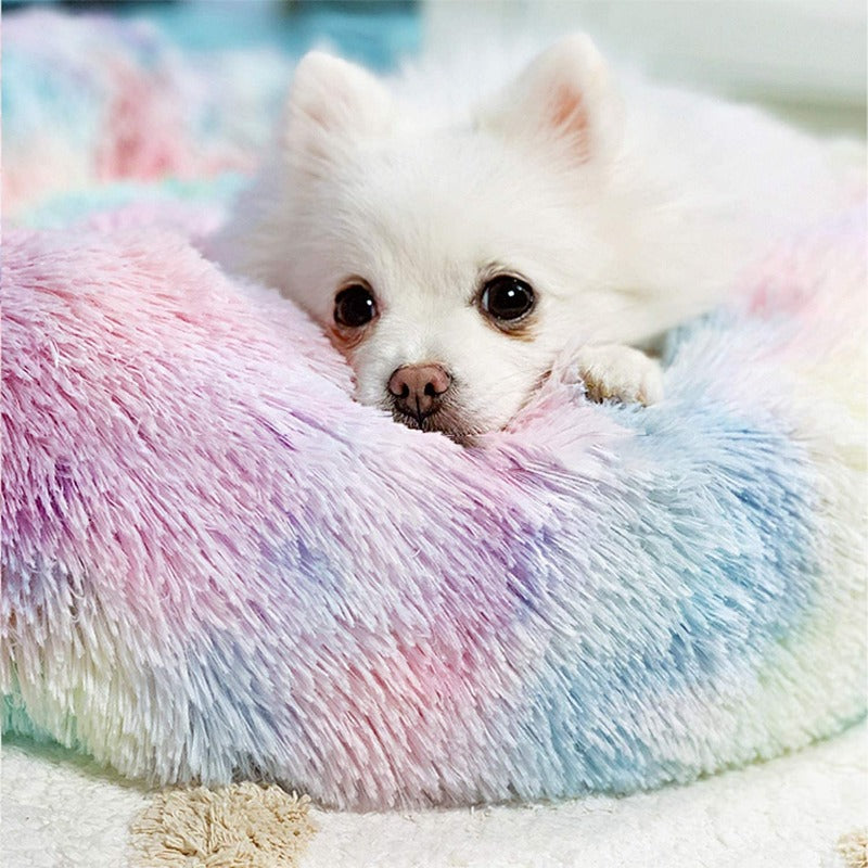 Round Rainbow Extra Plush Calming Donut Dog Beds