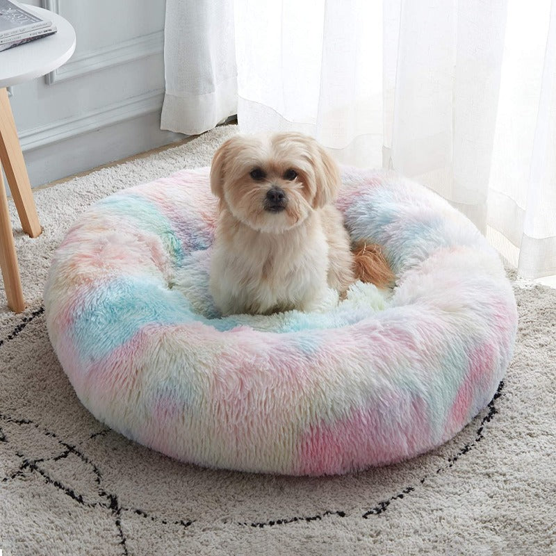 Round Rainbow Extra Plush Calming Donut Dog Beds