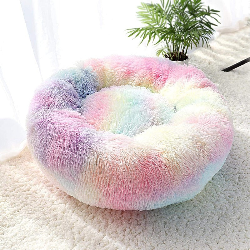 Round Rainbow Extra Plush Calming Donut Dog Beds