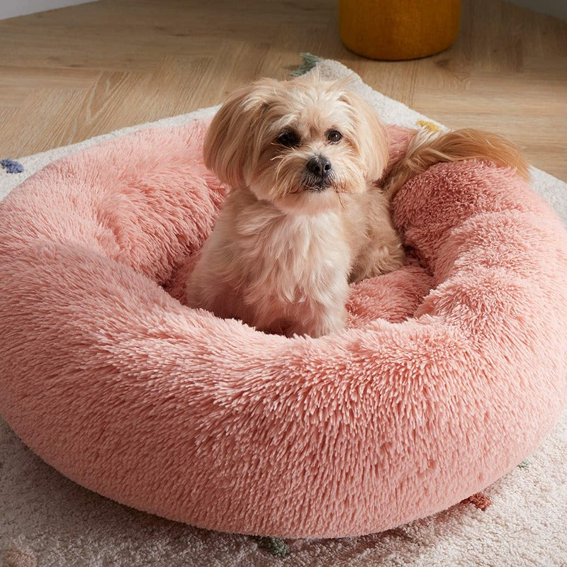 Lit rond en peluche pour chien en forme de beignet apaisant pour petits et grands chiens