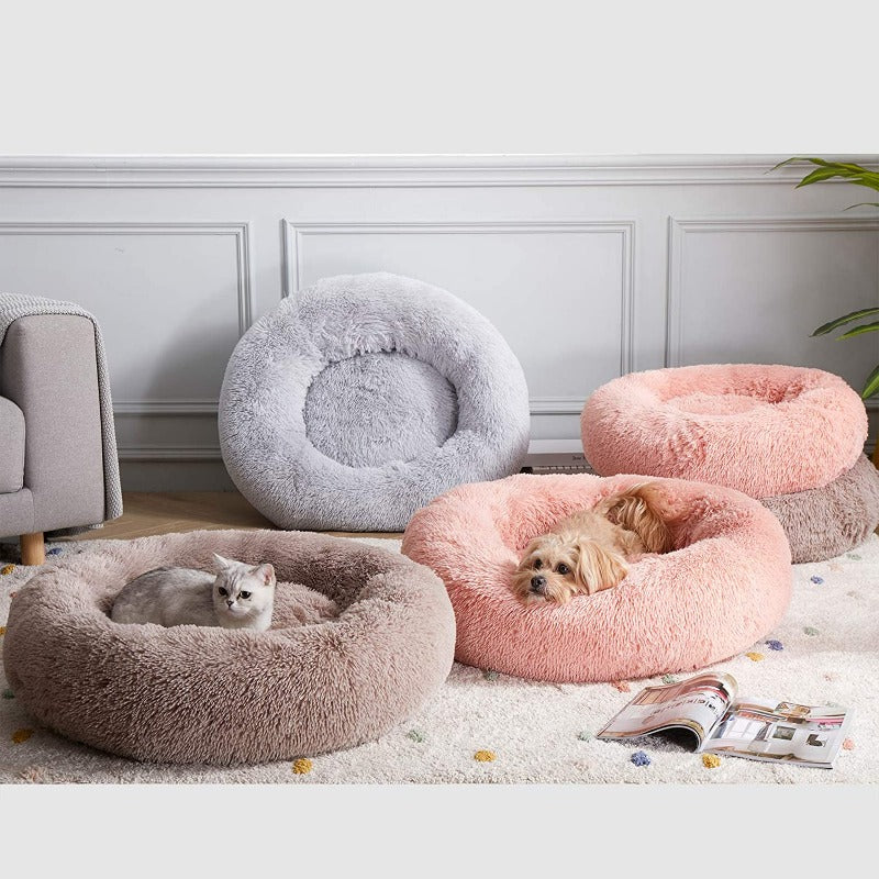 Lit rond en peluche pour chien en forme de beignet apaisant pour petits et grands chiens