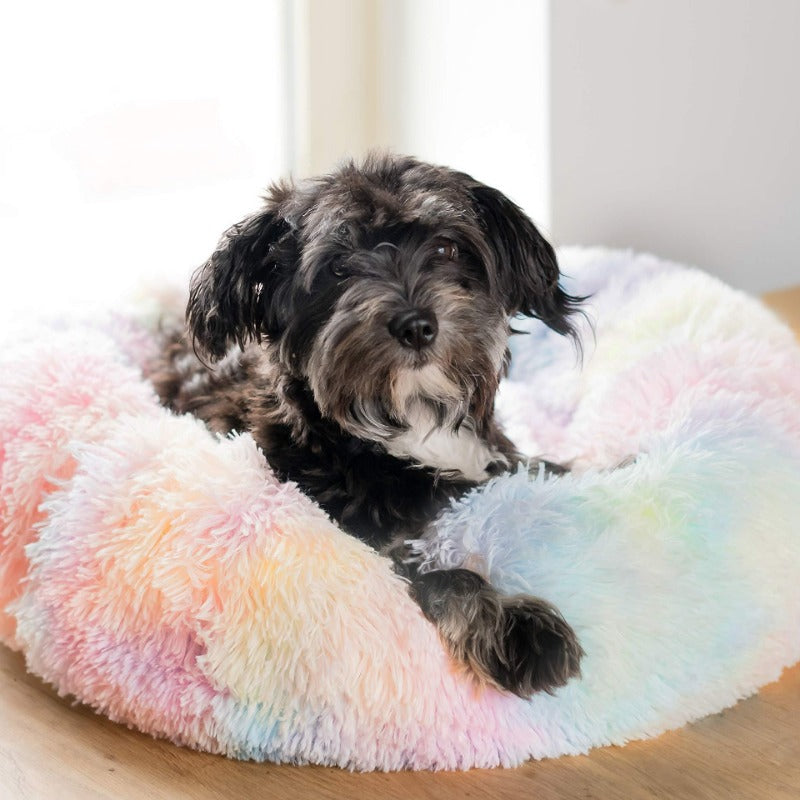 Round Rainbow Extra Plush Calming Donut Dog Beds