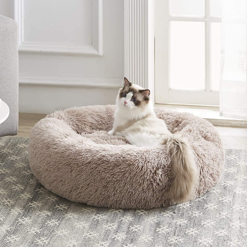 Nid de lit pour chat en forme de beignet apaisant en peluche ronde