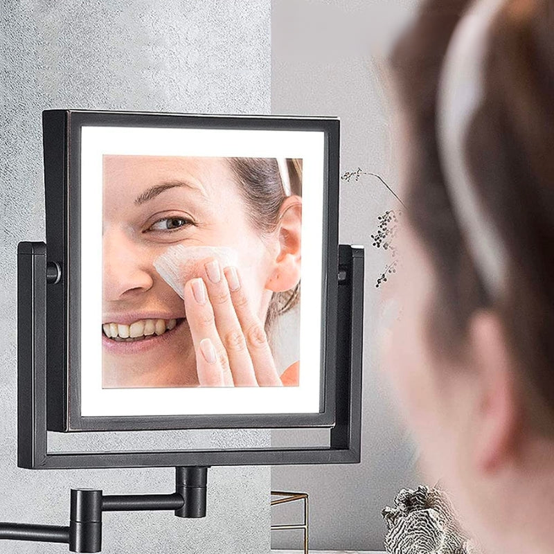 Espejo de baño y maquillaje LED ajustable con aumento cuadrado negro