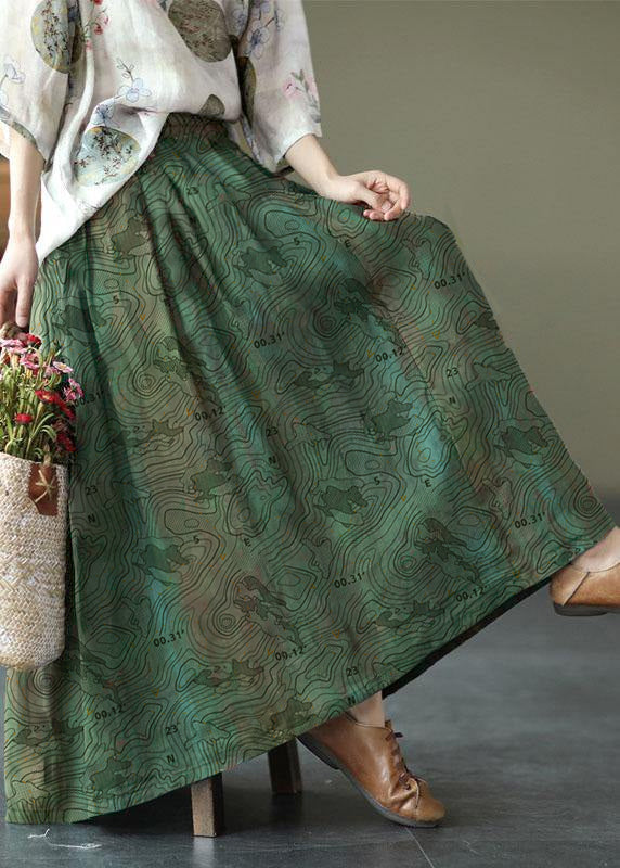 Women Green Print Ramie Elastic Waist Skirt