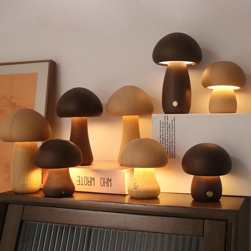 LUMONIGHT | Wooden Mushroom LED Night Light with Touch Switch | Atmospheric Lighting | Child Friendly Lamp