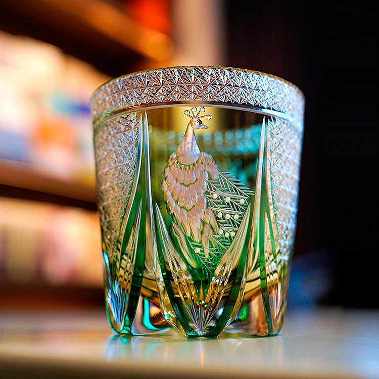 Edo Kiriko Handcrafted Emerald Peacock Whisky Glass With Wooden Box