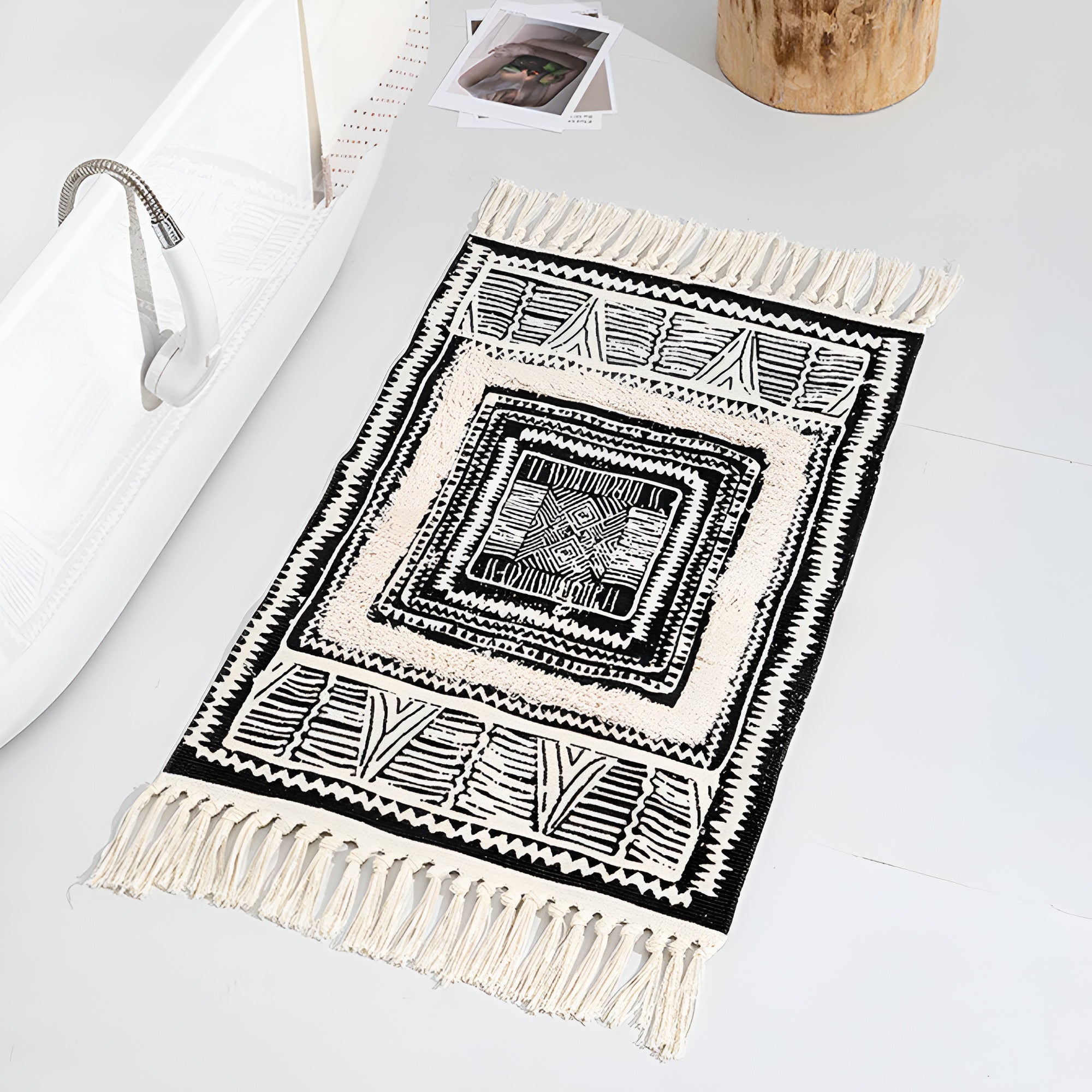 Black and White Geometric Tassel Floor Mat