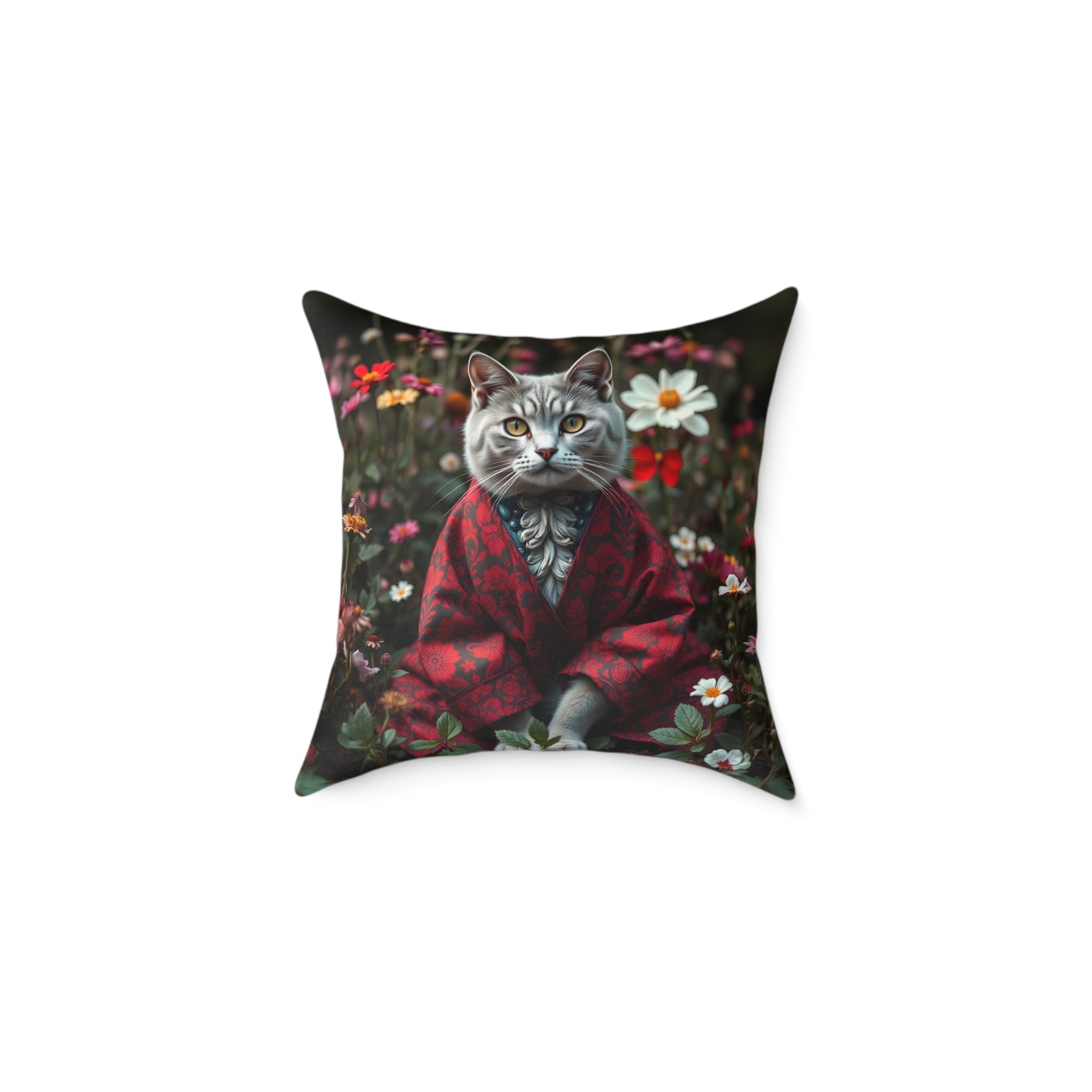 William Morris Style Cat in Kimono and Flowers Square Pillow, Botanicals and Flowers, insert inclus