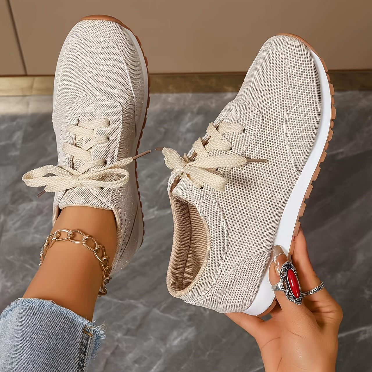 Beige Sneaker in Leinenoptik - Nora Schuhe