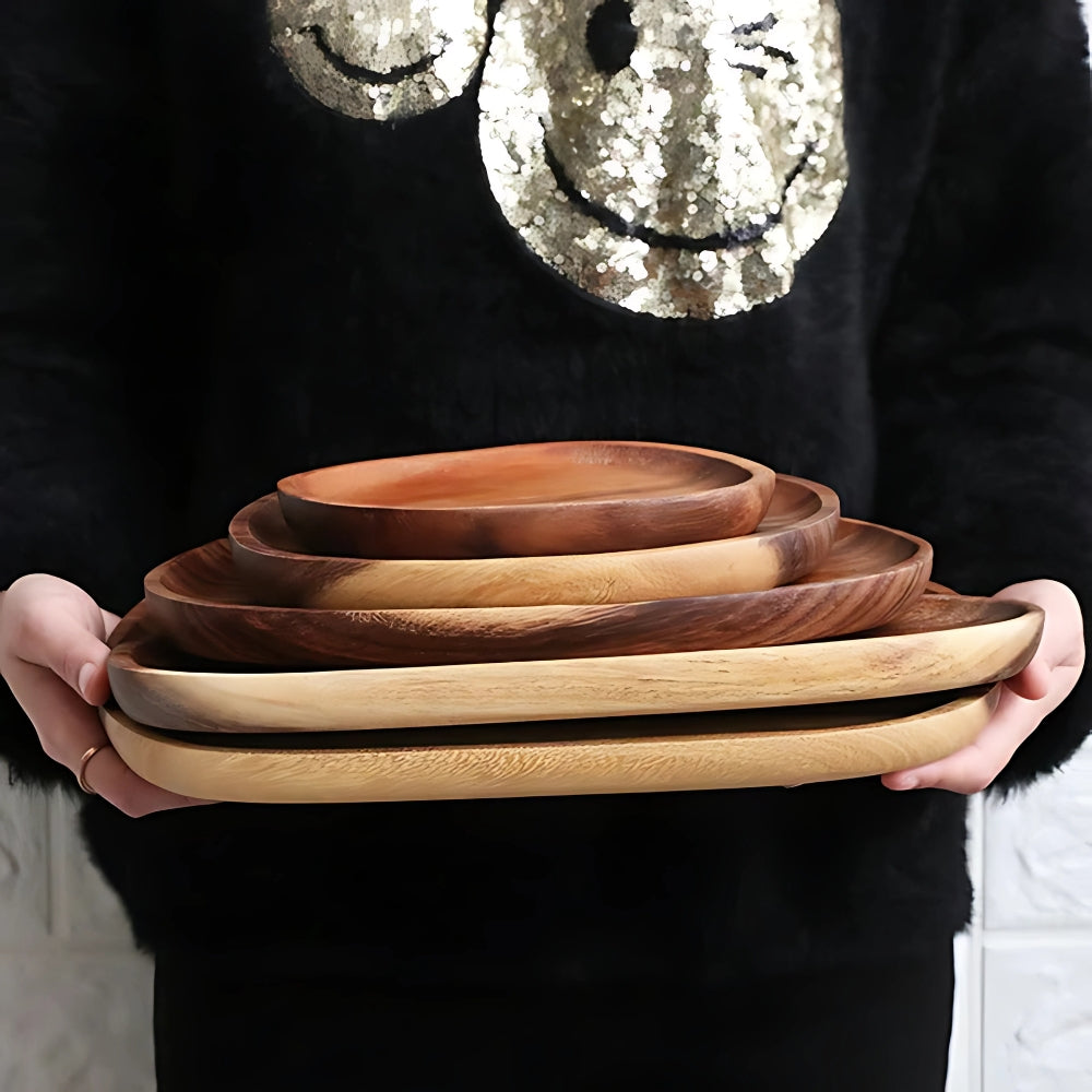 Oval Shaped Acacia Wood Serving Trays Set