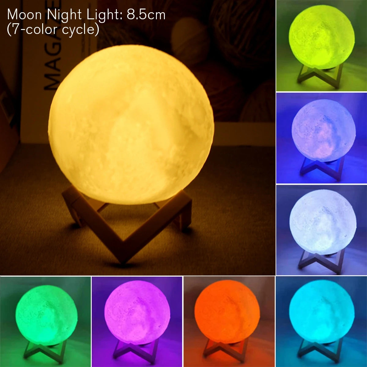 Lámpara de luna estrellada D5 de 8 cm - Luz nocturna LED con soporte, perfecta para decoración de dormitorio y regalos