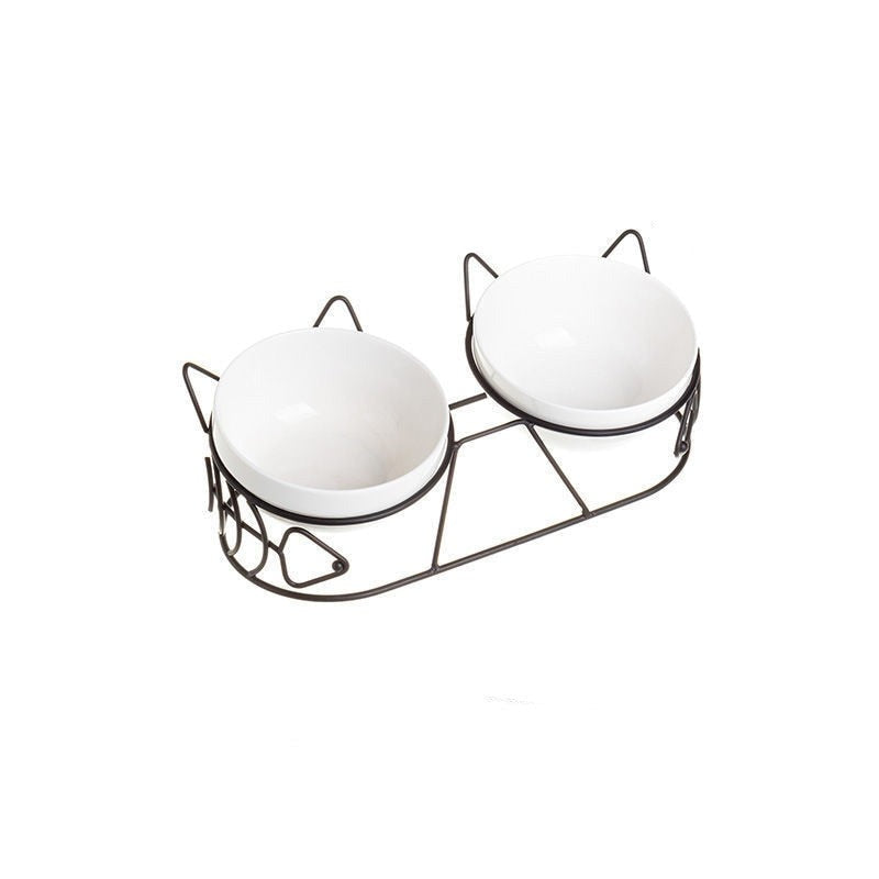 Cute Tilted Ceramic Dual Cat Bowl with Stand