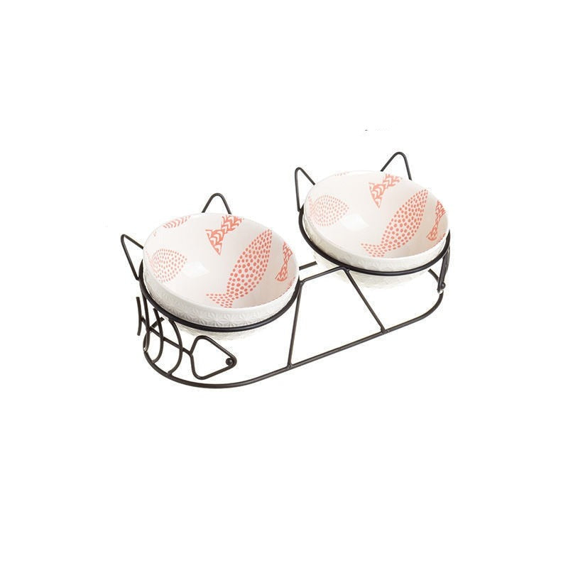 Cute Tilted Ceramic Dual Cat Bowl with Stand