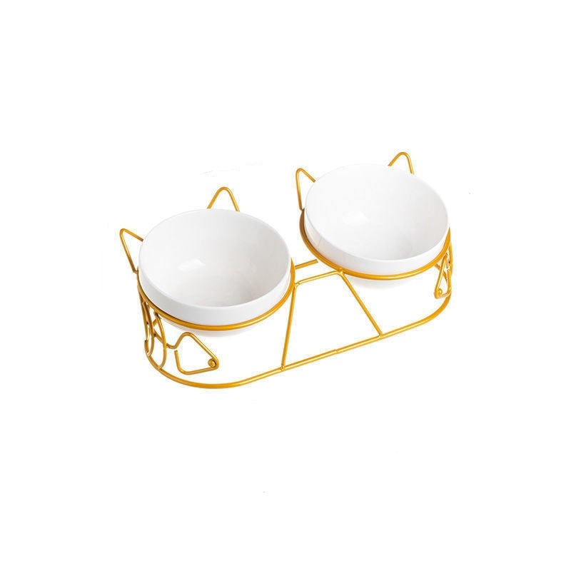 Cute Tilted Ceramic Dual Cat Bowl with Stand