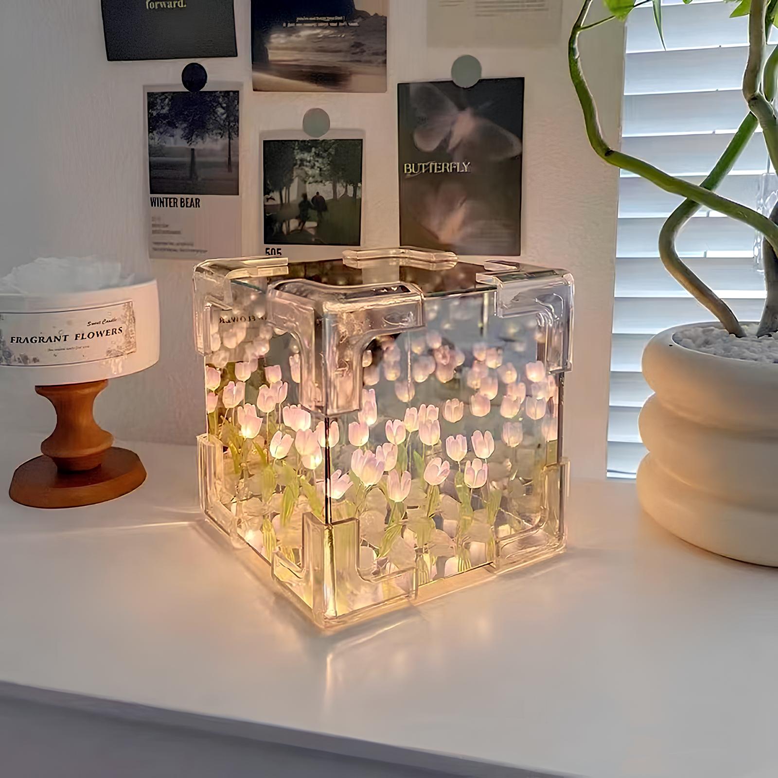 Kreativ DIY tulipanblomst tredimensjonal kube liten nattlampe