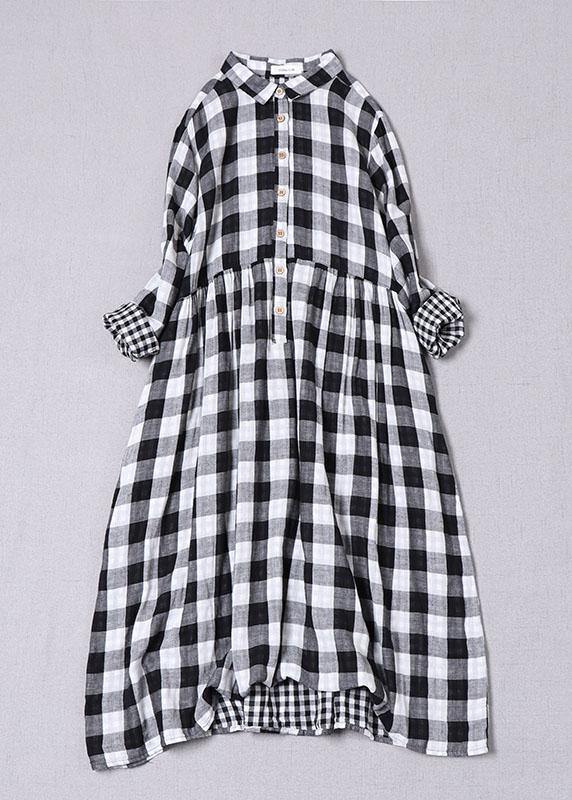 Bohemian Black White Plaid PeterPan Krage Lommer Knapp Høst Patchwork Kjoler