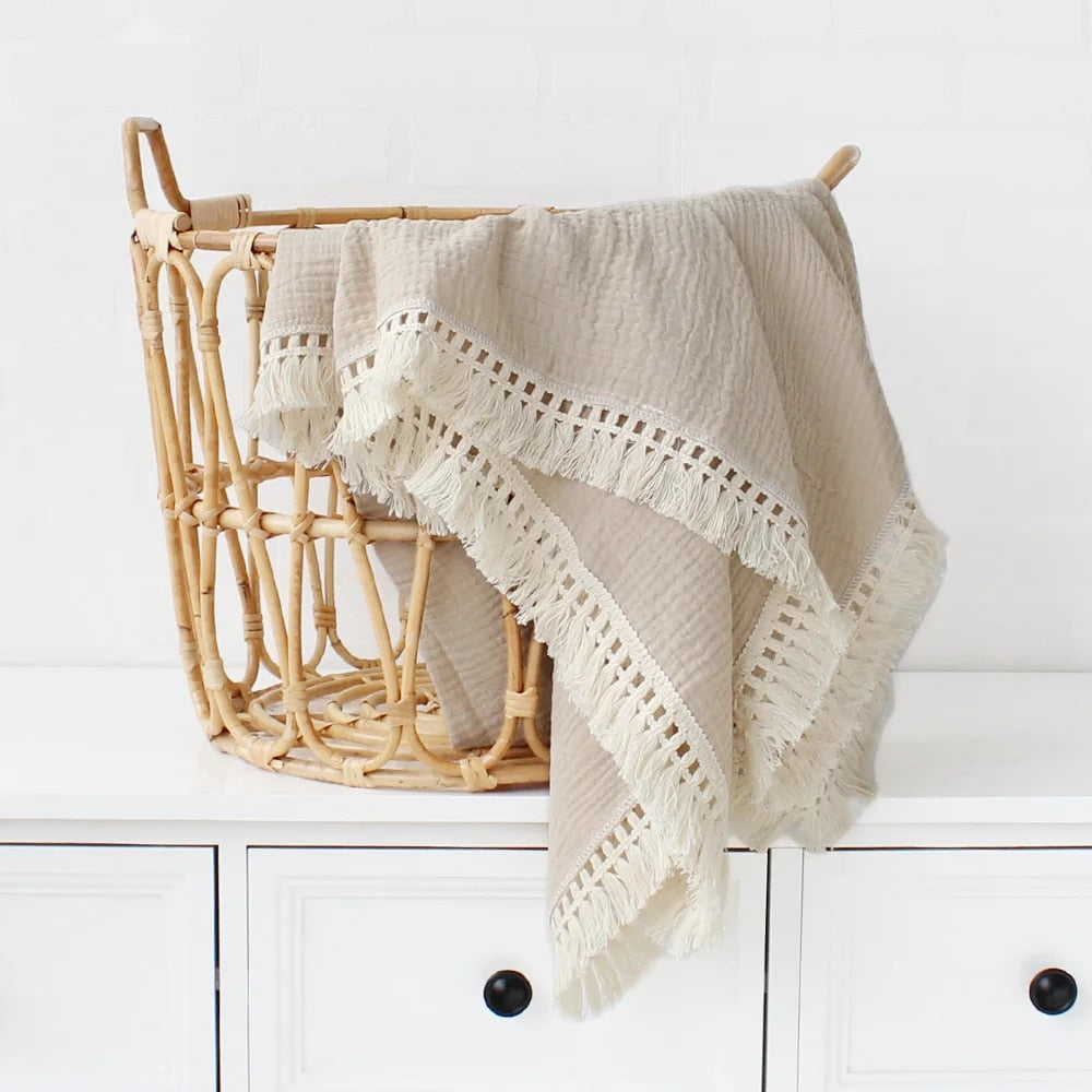 Cotton Muslin Swaddle Blanket for Baby with Tassel Detail - 3 Colours