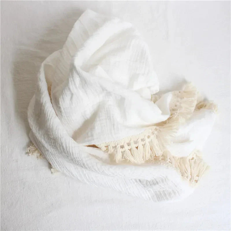 Cotton Muslin Swaddle Blanket for Baby with Tassel Detail - 3 Colours