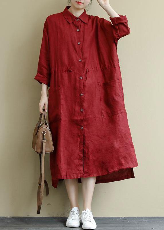 Red Linen Shirt Dress Casual Oversize Spring Maxi Dresses