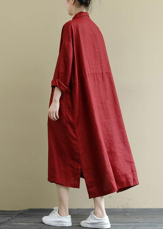 Abito camicia di lino rosso Abiti maxi primaverili oversize casual