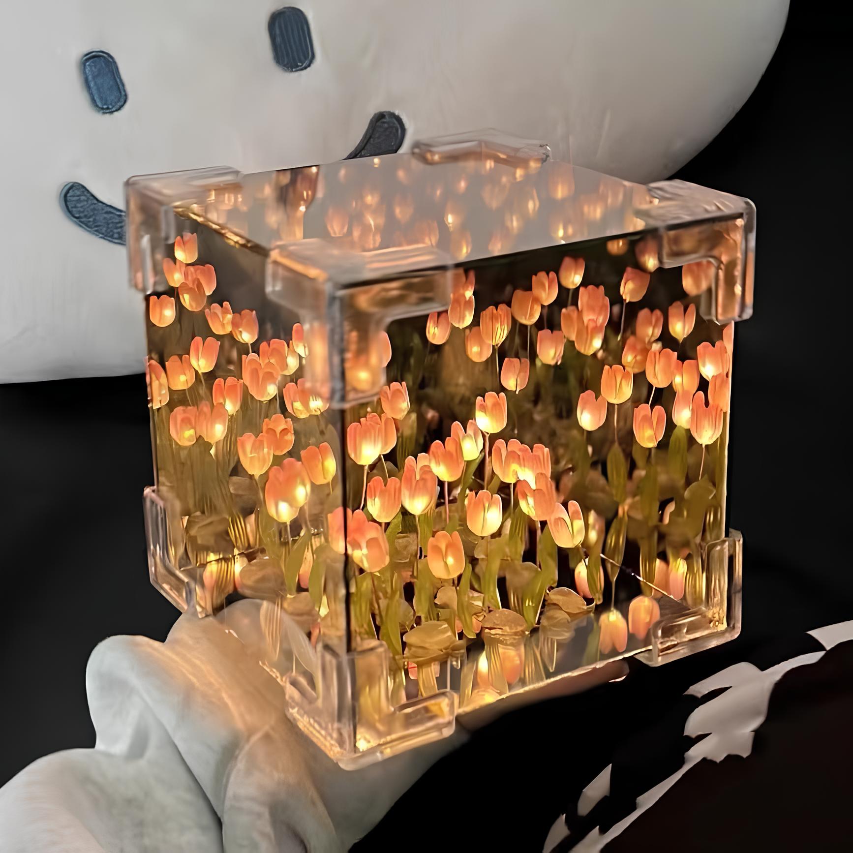 Lâmpada de Noite Pequena em Cubo Tridimensional de Flor de Tulipa DIY Criativa