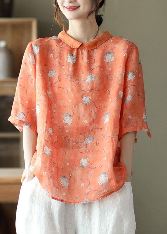 Chemise à manches mi-longues en ramie à imprimé orange DIY pour l'été