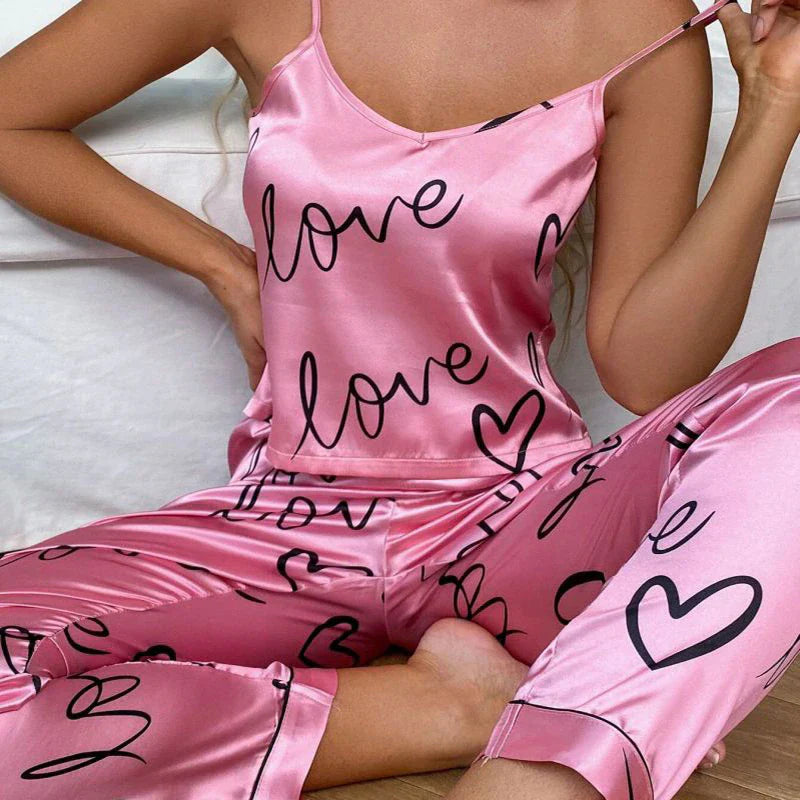 Pink love women's satin pyjamas set