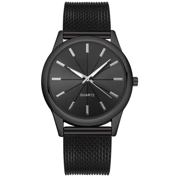 Reloj minimalista totalmente negro para hombre y mujer, caja negra con correa de malla de acero inoxidable