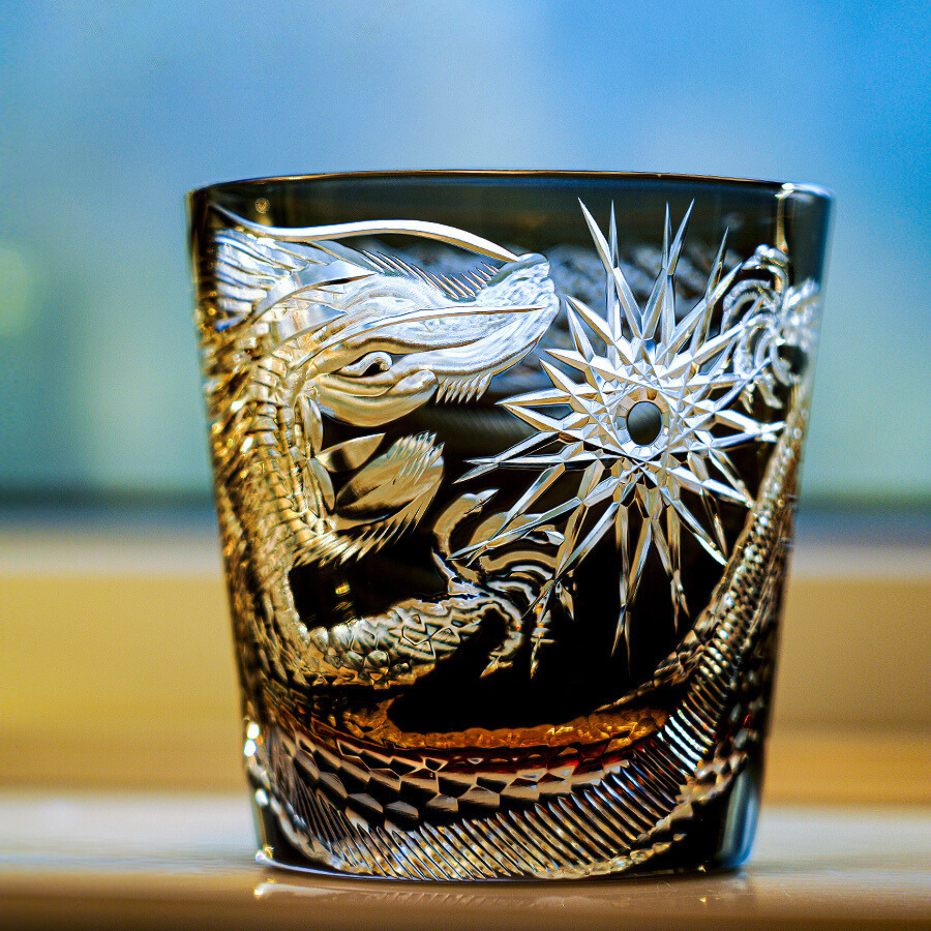 Edo Kiriko käsintehty Soaring Dragon Whisky lasi puisella laatikolla