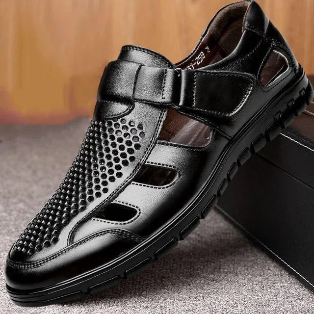 Genuine Leather Men Business Casual Hollow Work With Holes Leather Sandals