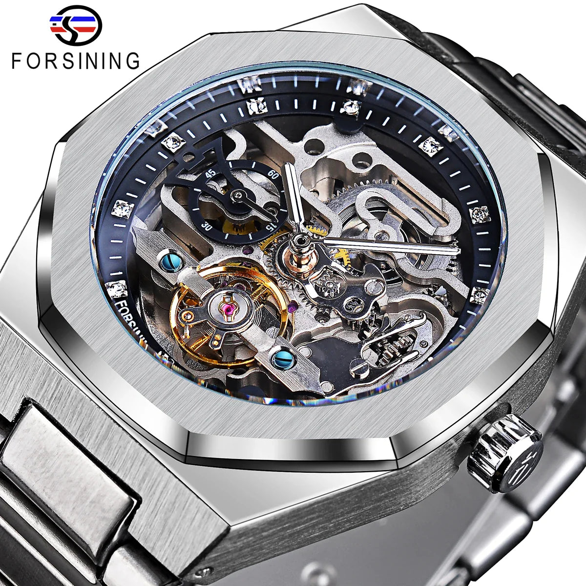 Casual Automatic Watch - 3D Diamond Skeleton Hollow herrearmbåndsur med lysende militærdesign