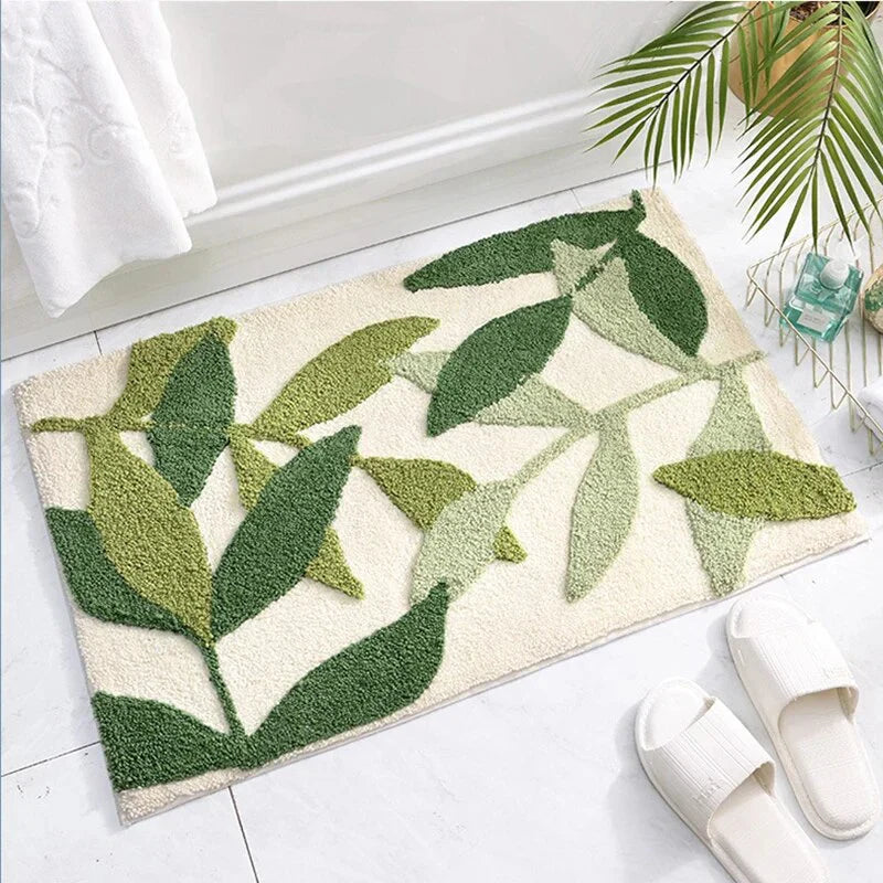 Green Leaves Flocking Bath Mat – Non-Slip, Absorbent Microfibre Bathroom Rug