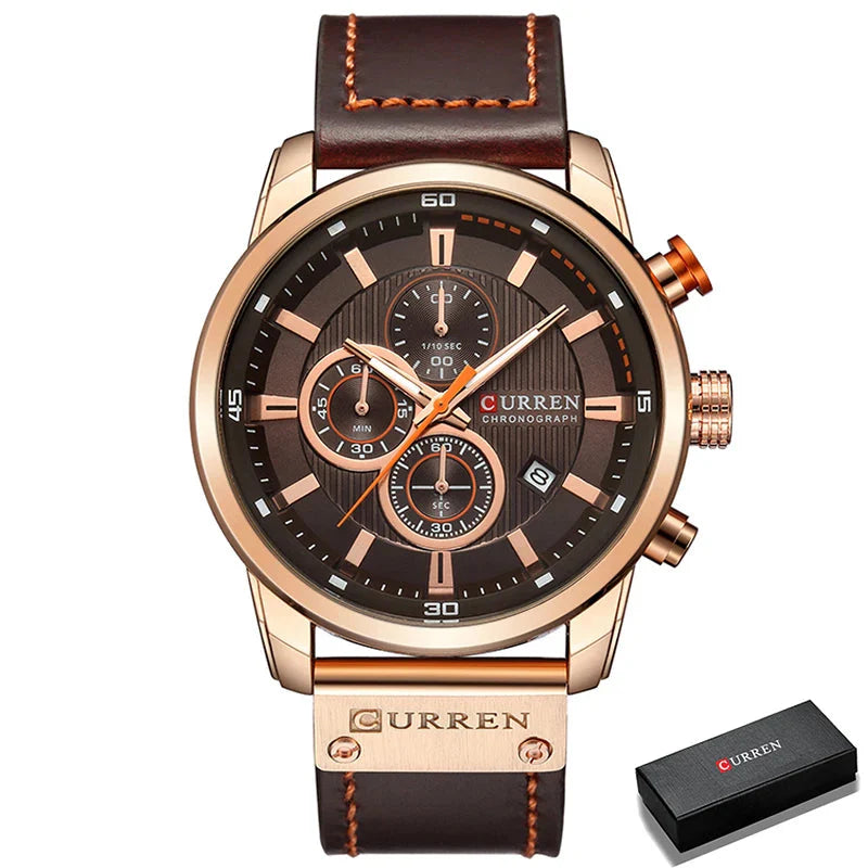 8291  Men's Leather Sports Watch - Chronograph Military Style Quartz Wristwatch