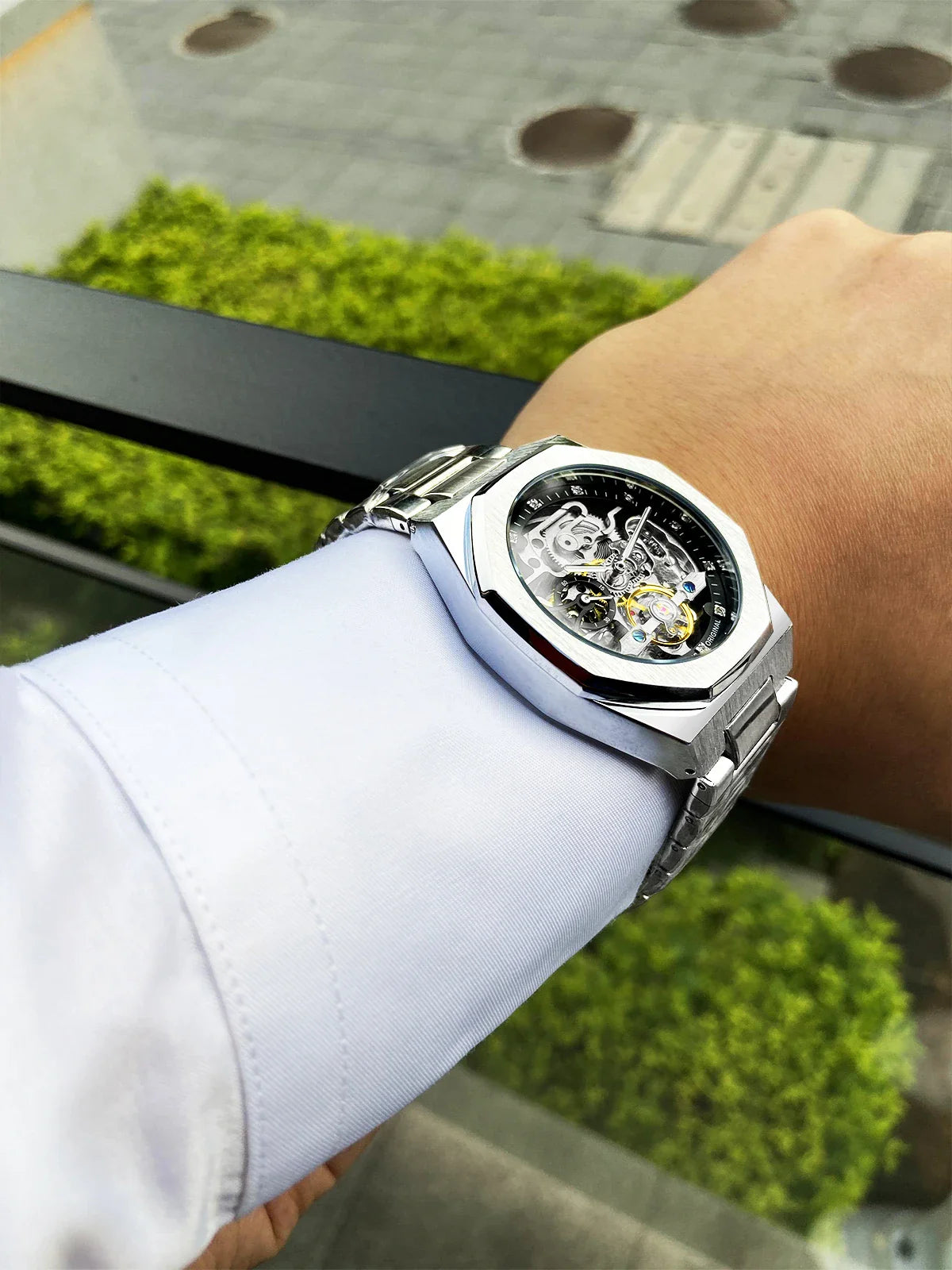 Casual Automatic Watch - 3D Diamond Skeleton Hollow Men's Wristwatch with Luminous Military Design